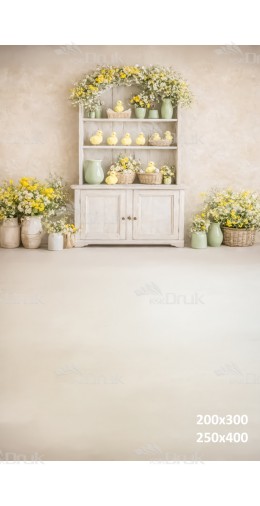 Tło fotograficzne „Wielkanocny regał z kurczaczkami i kwiatami” | E821